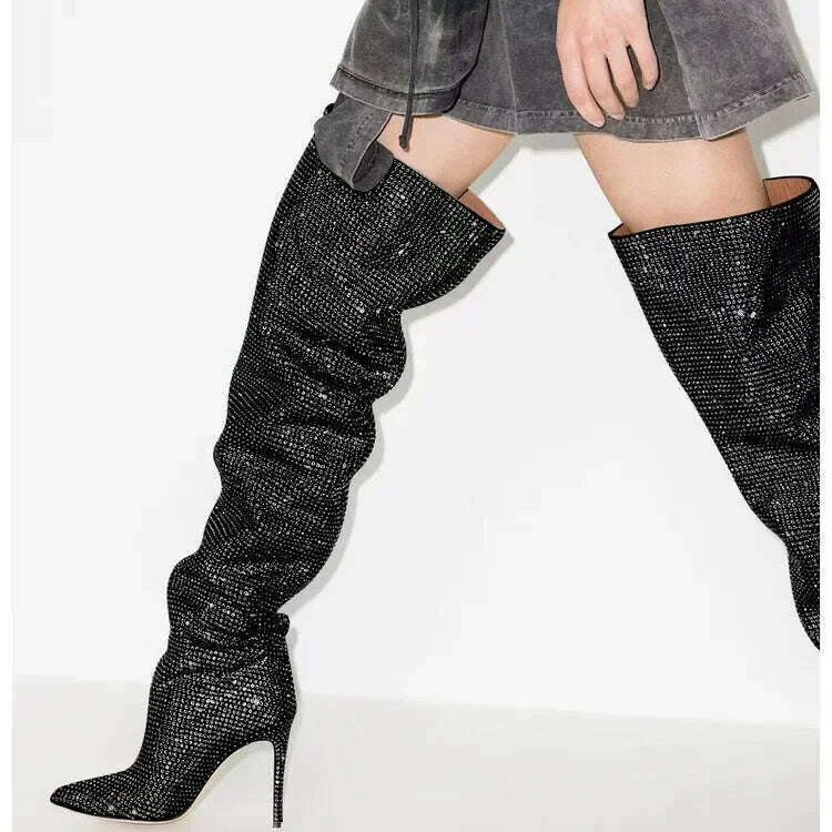 KIMLUD, 2023 Autumn New Fashion Bling Silver Crystal Over The Knee Boots for Women Sexy Luxury Designer Rhinestone Banquet Shoes 42 43, Black 6187 11.5cm / 34, KIMLUD Womens Clothes