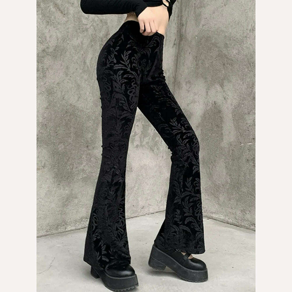 KIMLUD, 2023 Autumn Retro Gothic Print Black Pants Women Goth Harajuku High Waist Flared Pants Gothic Aesthetic Punk High Waist Trousers, KIMLUD Womens Clothes