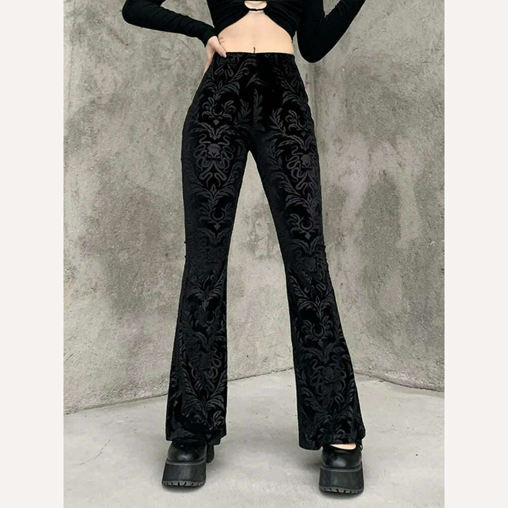 KIMLUD, 2023 Autumn Retro Gothic Print Black Pants Women Goth Harajuku High Waist Flared Pants Gothic Aesthetic Punk High Waist Trousers, KIMLUD Womens Clothes