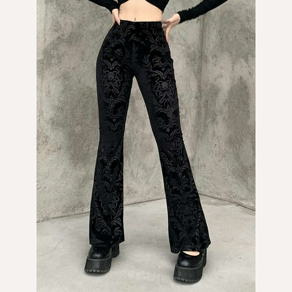 KIMLUD, 2023 Autumn Retro Gothic Print Black Pants Women Goth Harajuku High Waist Flared Pants Gothic Aesthetic Punk High Waist Trousers, KIMLUD Womens Clothes