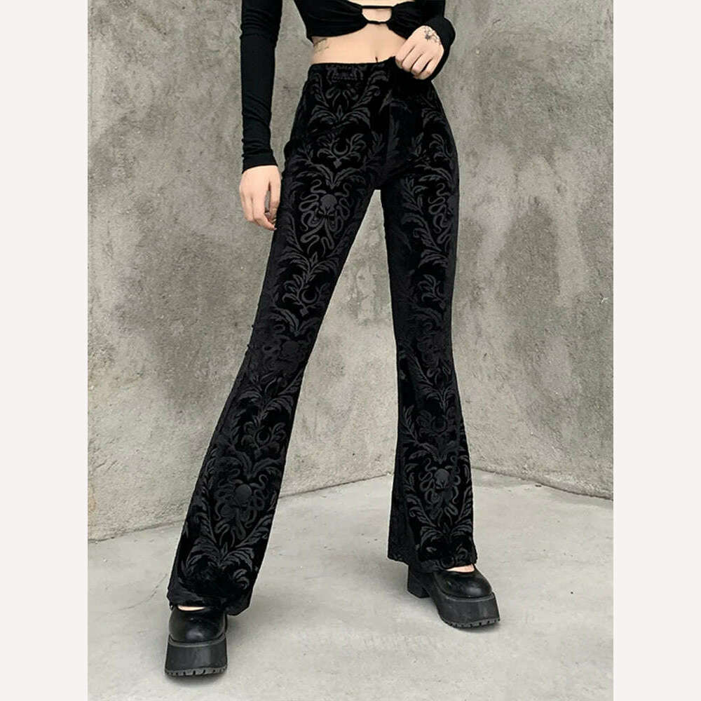 KIMLUD, 2023 Autumn Retro Gothic Print Black Pants Women Goth Harajuku High Waist Flared Pants Gothic Aesthetic Punk High Waist Trousers, KIMLUD Womens Clothes