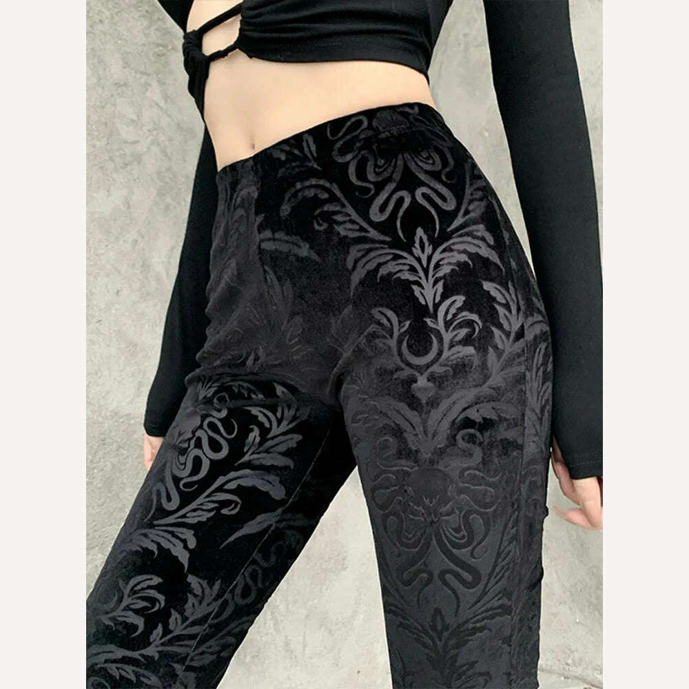 KIMLUD, 2023 Autumn Retro Gothic Print Black Pants Women Goth Harajuku High Waist Flared Pants Gothic Aesthetic Punk High Waist Trousers, KIMLUD Womens Clothes