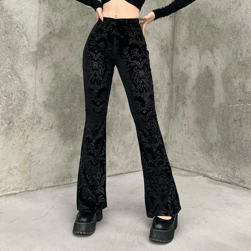 KIMLUD, 2023 Autumn Retro Gothic Print Black Pants Women Goth Harajuku High Waist Flared Pants Gothic Aesthetic Punk High Waist Trousers, KIMLUD Womens Clothes
