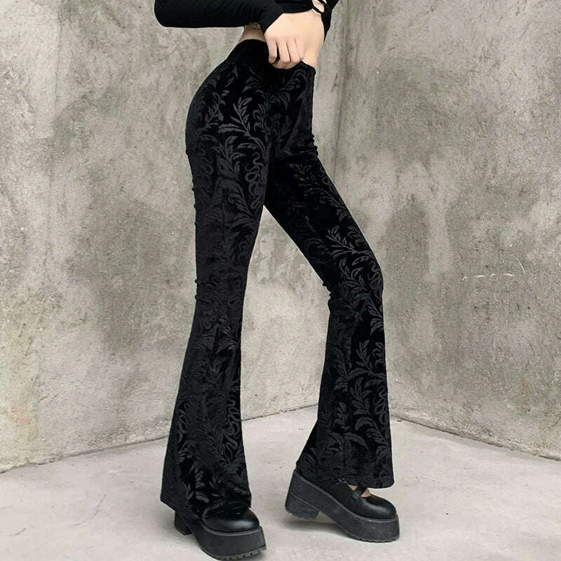 KIMLUD, 2023 Autumn Retro Gothic Print Black Pants Women Goth Harajuku High Waist Flared Pants Gothic Aesthetic Punk High Waist Trousers, KIMLUD Womens Clothes