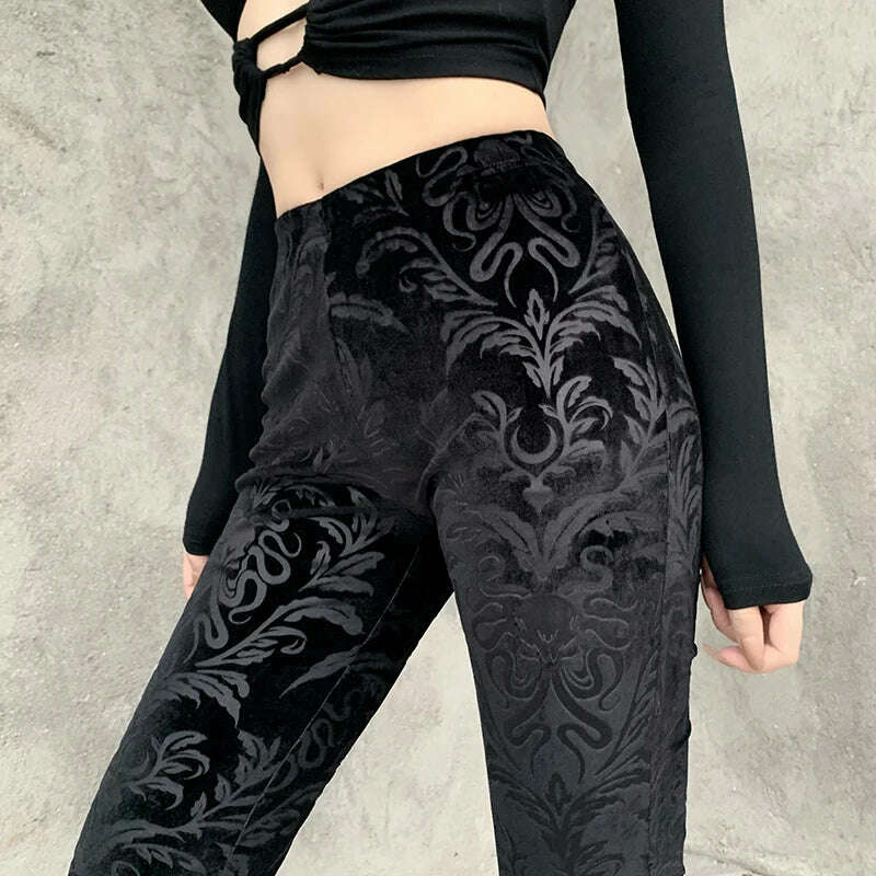 KIMLUD, 2023 Autumn Retro Gothic Print Black Pants Women Goth Harajuku High Waist Flared Pants Gothic Aesthetic Punk High Waist Trousers, KIMLUD Womens Clothes