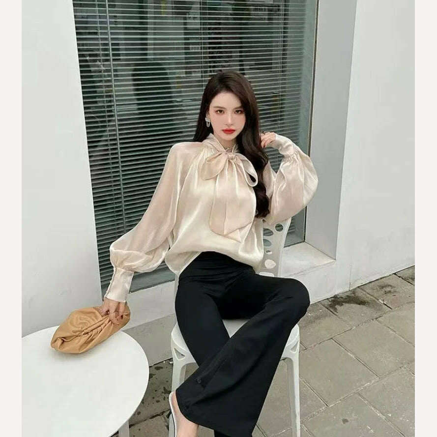 2023 Autumn Vintage Satin Silk Shirt Women Fashion Blouse Elegant Turn Down Collar Female Blouse White Long Sleeve Shirts Tops - KIMLUD