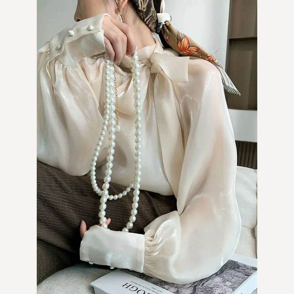 2023 Autumn Vintage Satin Silk Shirt Women Fashion Blouse Elegant Turn Down Collar Female Blouse White Long Sleeve Shirts Tops - KIMLUD