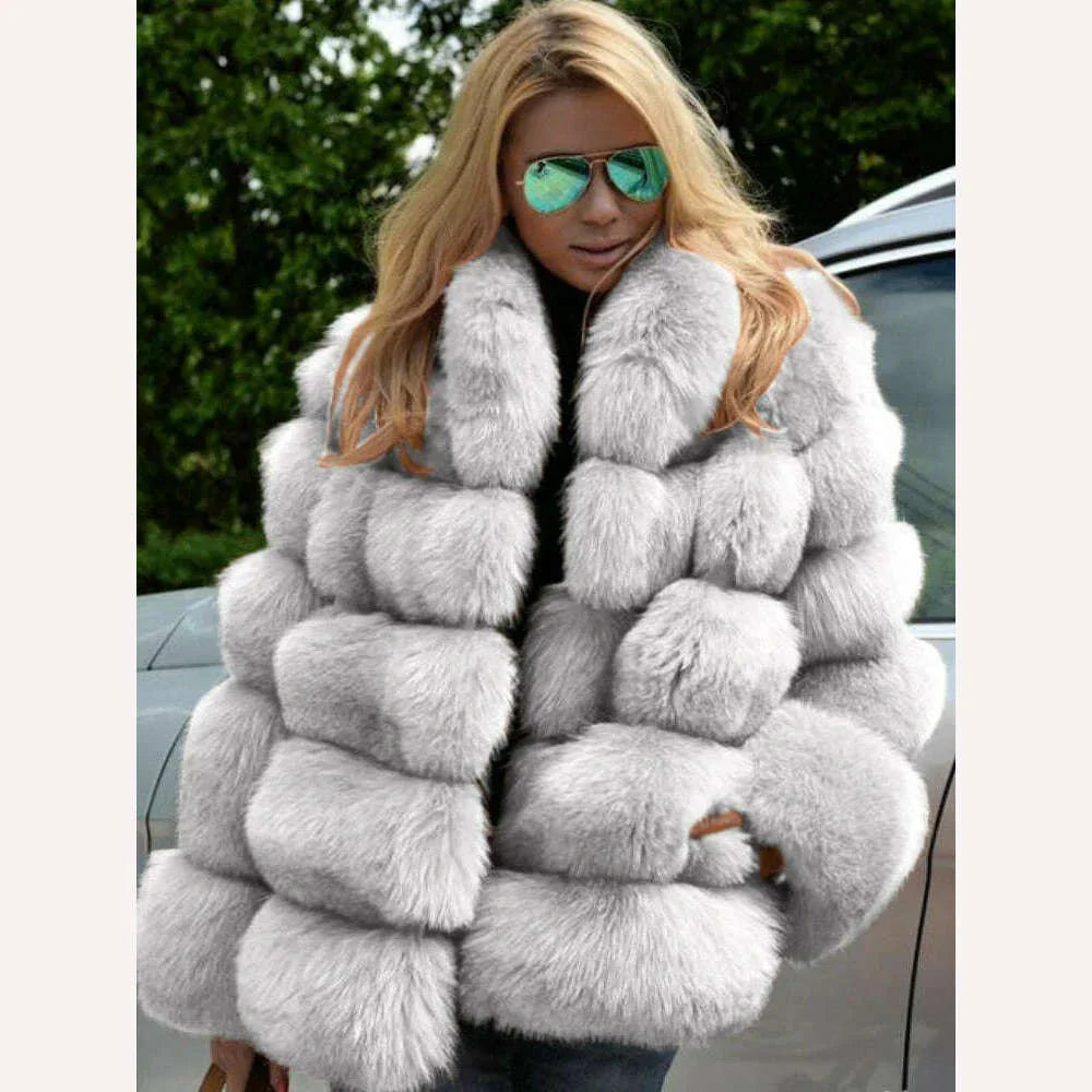 KIMLUD, 2023 Autumn Winter Faux Fox Fur Coat Women Fluffy Jacket Soft Warm Stand Collar Elegant, KIMLUD Womens Clothes