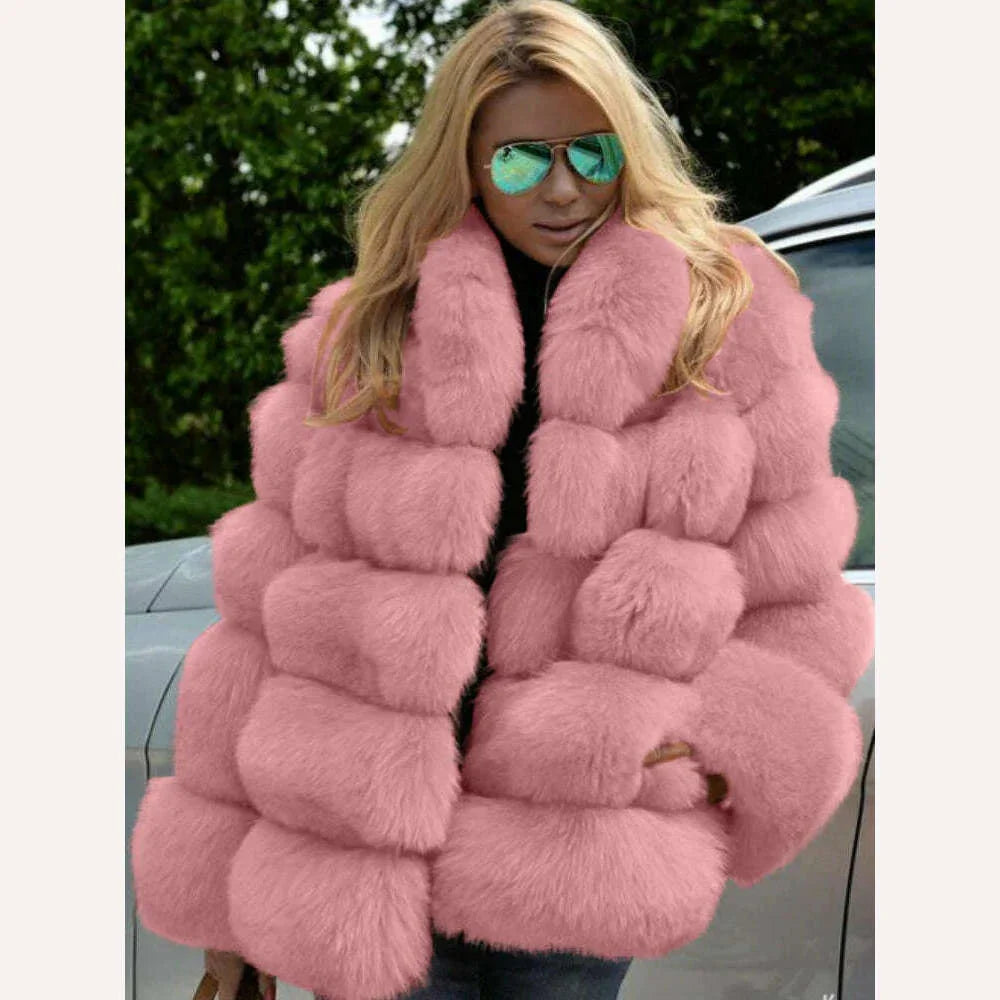 KIMLUD, 2023 Autumn Winter Faux Fox Fur Coat Women Fluffy Jacket Soft Warm Stand Collar Elegant, KIMLUD Womens Clothes