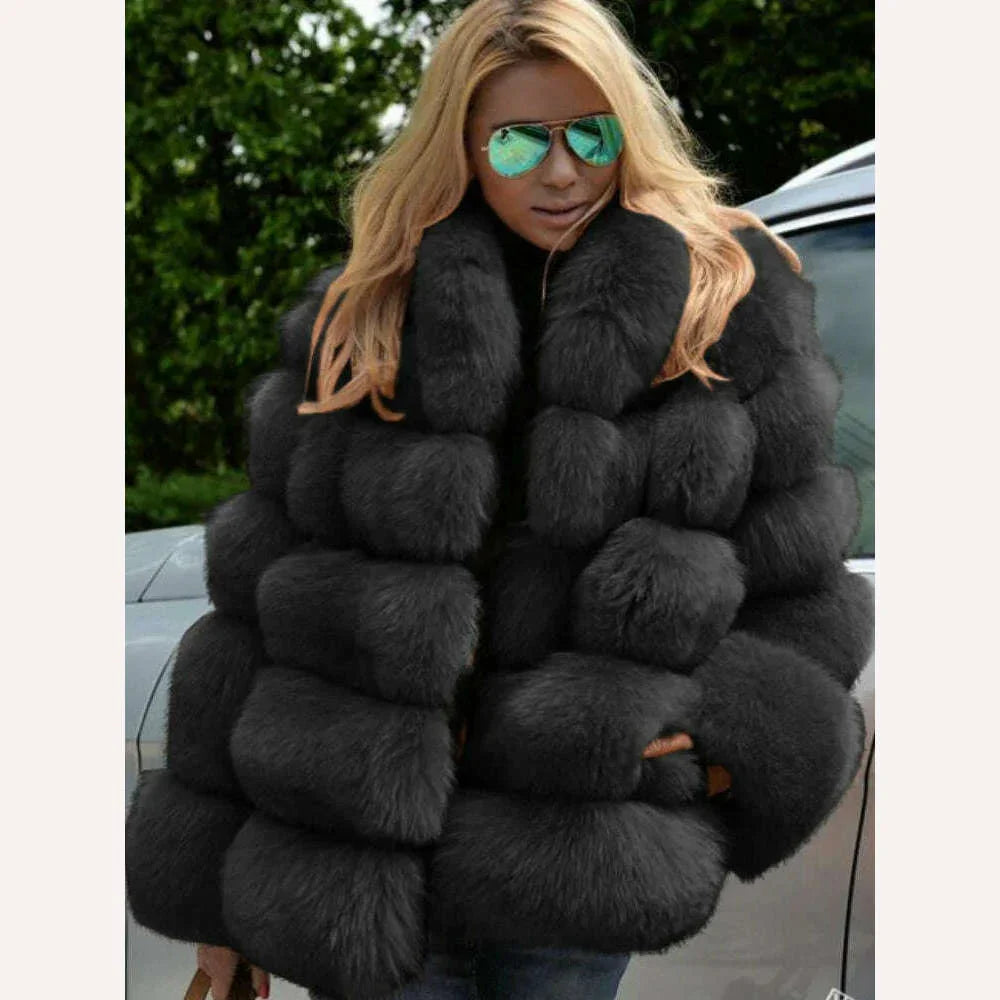 KIMLUD, 2023 Autumn Winter Faux Fox Fur Coat Women Fluffy Jacket Soft Warm Stand Collar Elegant, KIMLUD Womens Clothes