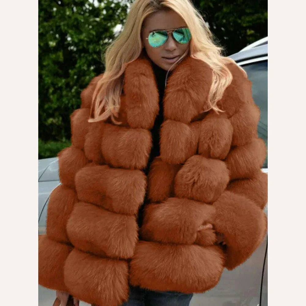 KIMLUD, 2023 Autumn Winter Faux Fox Fur Coat Women Fluffy Jacket Soft Warm Stand Collar Elegant, KIMLUD Womens Clothes
