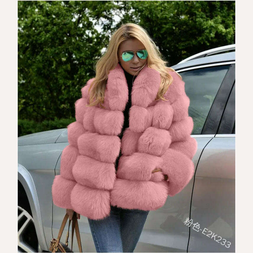 KIMLUD, 2023 Autumn Winter Fur Fox Coat Women Fluffy Jacket Soft Warm Stand Collar Fur Wholesale Autumn Winter New Fur Elegant Luxury, Lotus root powder / XXXXL, KIMLUD Womens Clothes