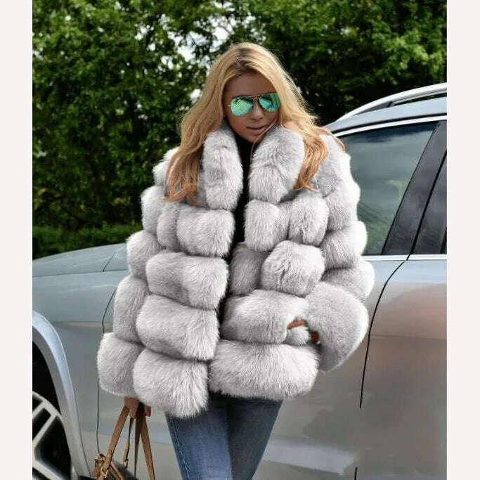 KIMLUD, 2023 Autumn Winter Fur Fox Coat Women Fluffy Jacket Soft Warm Stand Collar Fur Wholesale Autumn Winter New Fur Elegant Luxury, White gray / XXXXL, KIMLUD Womens Clothes