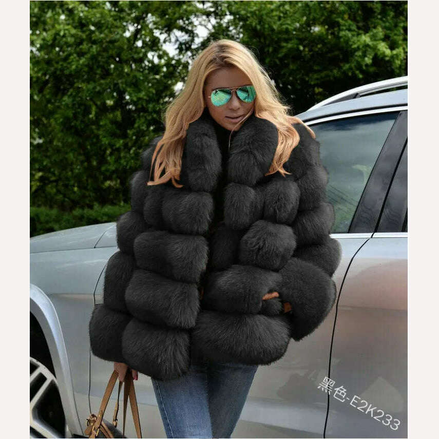KIMLUD, 2023 Autumn Winter Fur Fox Coat Women Fluffy Jacket Soft Warm Stand Collar Fur Wholesale Autumn Winter New Fur Elegant Luxury, black / XXXXL, KIMLUD Womens Clothes