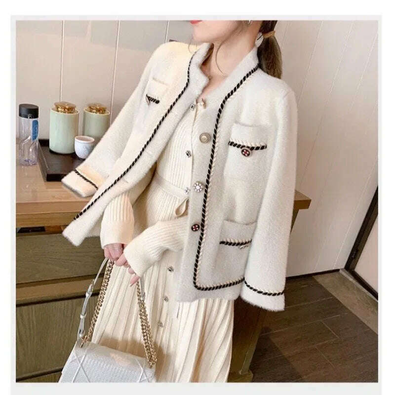 KIMLUD, 2023 Autumn Winter New Style Mink Thickened Short Jacket Women's Cardigan Woolen Top Stylish Woven Tweed Coat, KIMLUD Womens Clothes