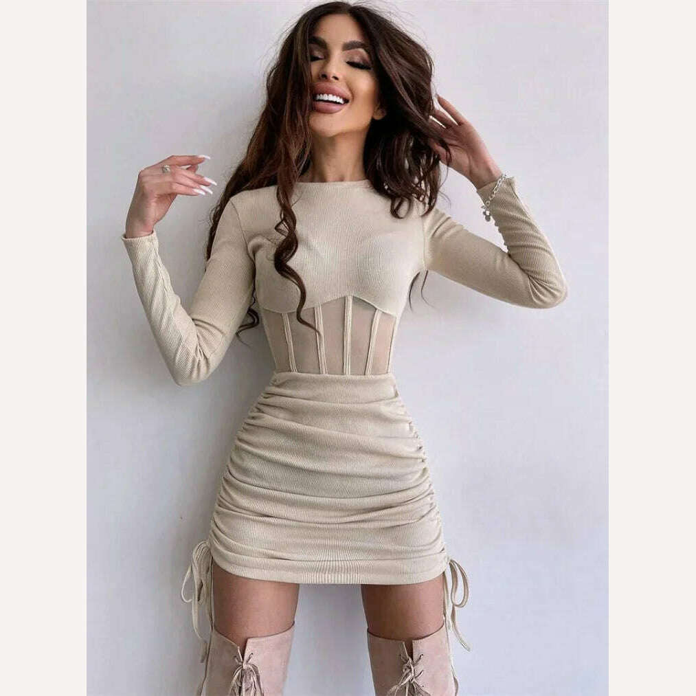 KIMLUD, 2023 Autumn Winter O-neck Hollow Out Tunics Short Party Dress Streetwear Woman Casual Sexy Bodycon Shirring Mesh Corset Dresses, KIMLUD Womens Clothes