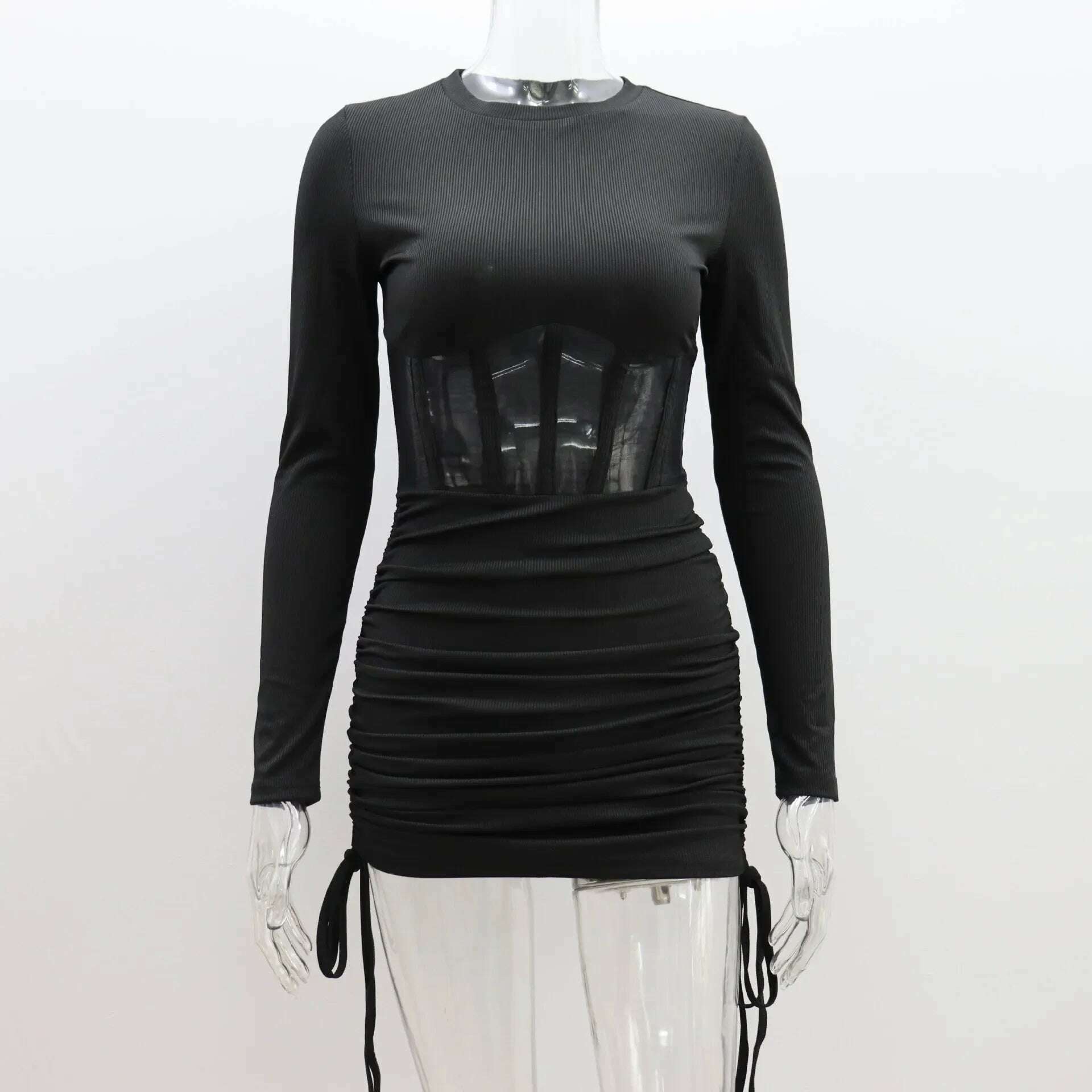 KIMLUD, 2023 Autumn Winter O-neck Hollow Out Tunics Short Party Dress Streetwear Woman Casual Sexy Bodycon Shirring Mesh Corset Dresses, black / S, KIMLUD Womens Clothes