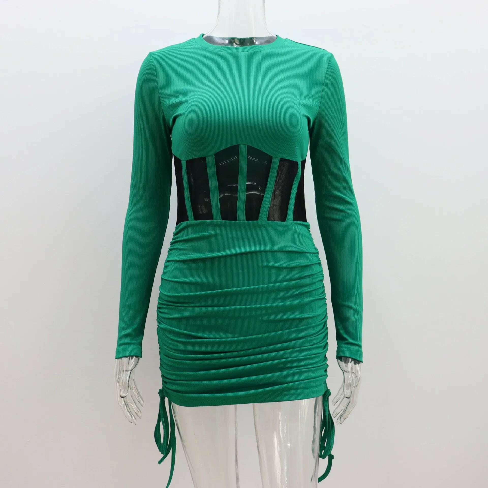 KIMLUD, 2023 Autumn Winter O-neck Hollow Out Tunics Short Party Dress Streetwear Woman Casual Sexy Bodycon Shirring Mesh Corset Dresses, green / S, KIMLUD Womens Clothes