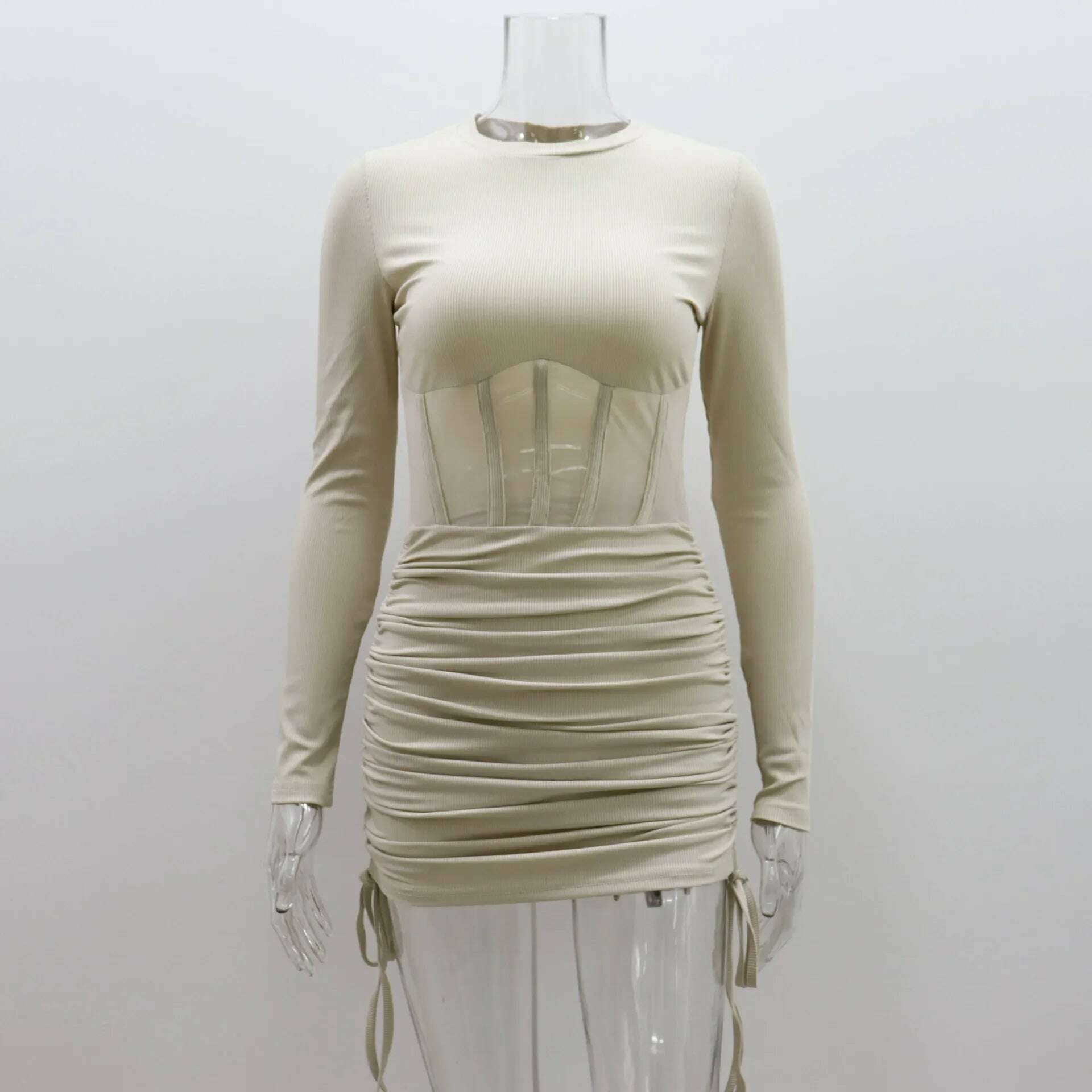 KIMLUD, 2023 Autumn Winter O-neck Hollow Out Tunics Short Party Dress Streetwear Woman Casual Sexy Bodycon Shirring Mesh Corset Dresses, Khaki / S, KIMLUD Womens Clothes