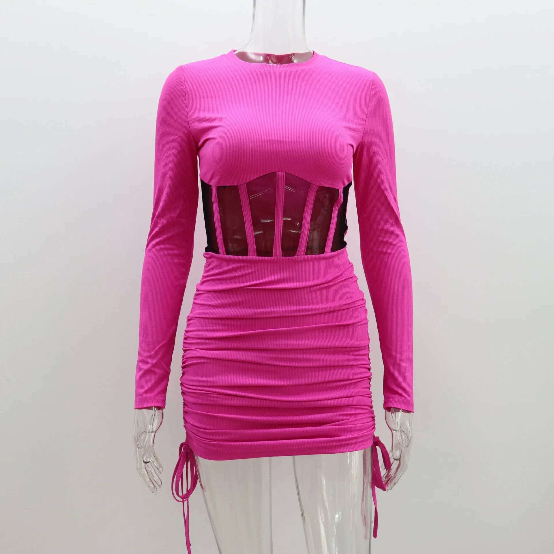 KIMLUD, 2023 Autumn Winter O-neck Hollow Out Tunics Short Party Dress Streetwear Woman Casual Sexy Bodycon Shirring Mesh Corset Dresses, Rose Red / S, KIMLUD Womens Clothes