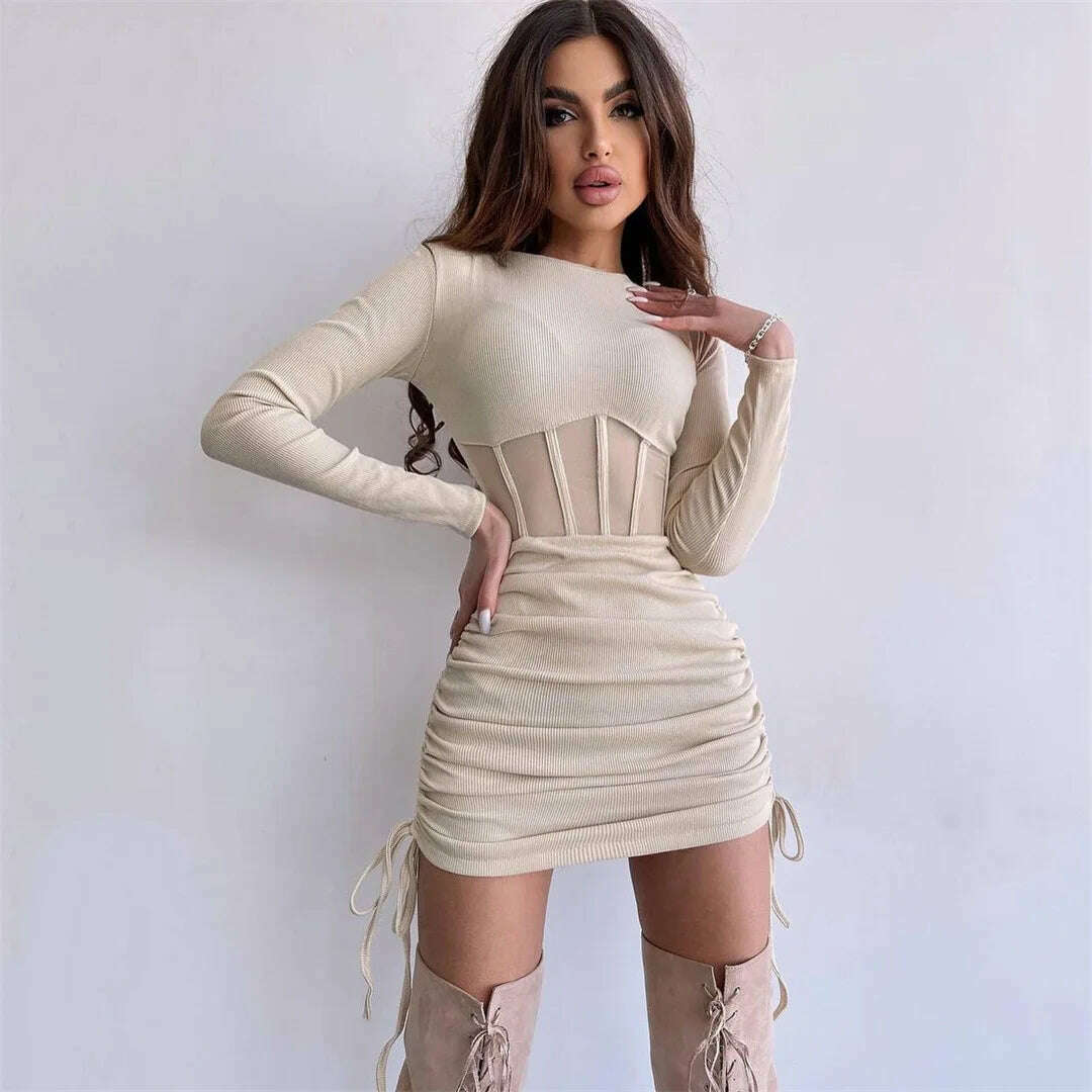 KIMLUD, 2023 Autumn Winter O-neck Hollow Out Tunics Short Party Dress Streetwear Woman Casual Sexy Bodycon Shirring Mesh Corset Dresses, KIMLUD Womens Clothes