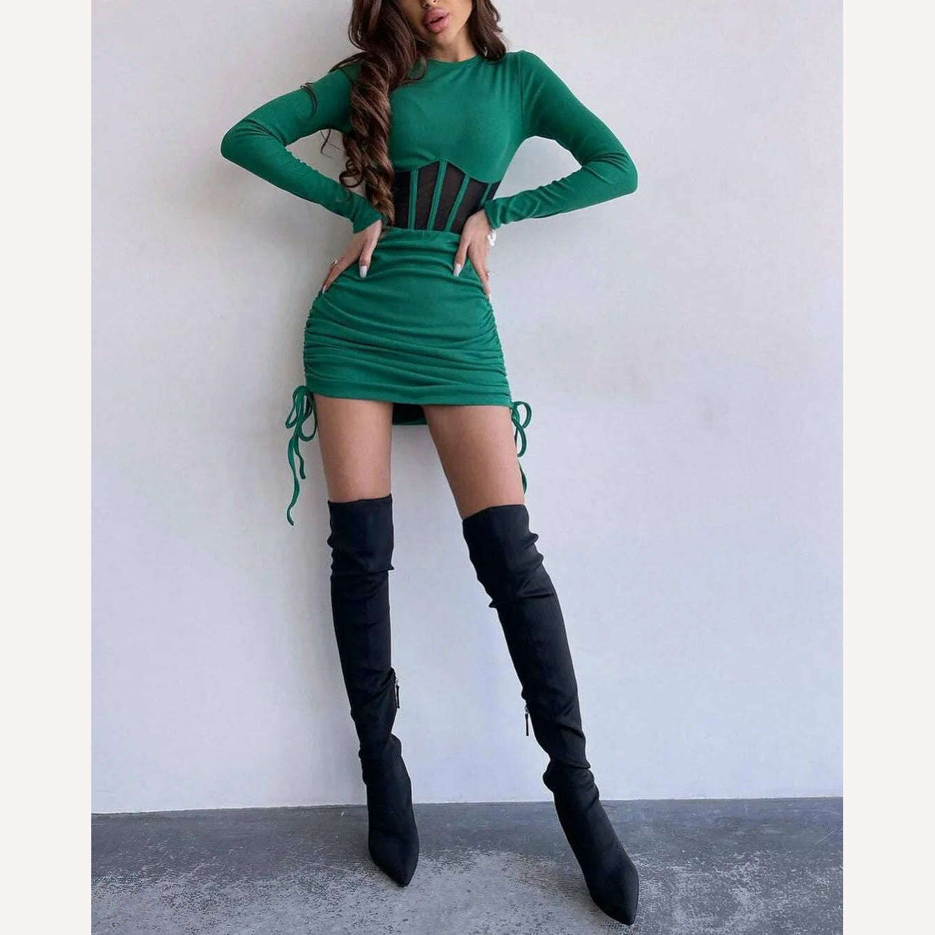 KIMLUD, 2023 Autumn Winter O-neck Hollow Out Tunics Short Party Dress Streetwear Woman Casual Sexy Bodycon Shirring Mesh Corset Dresses, KIMLUD Womens Clothes