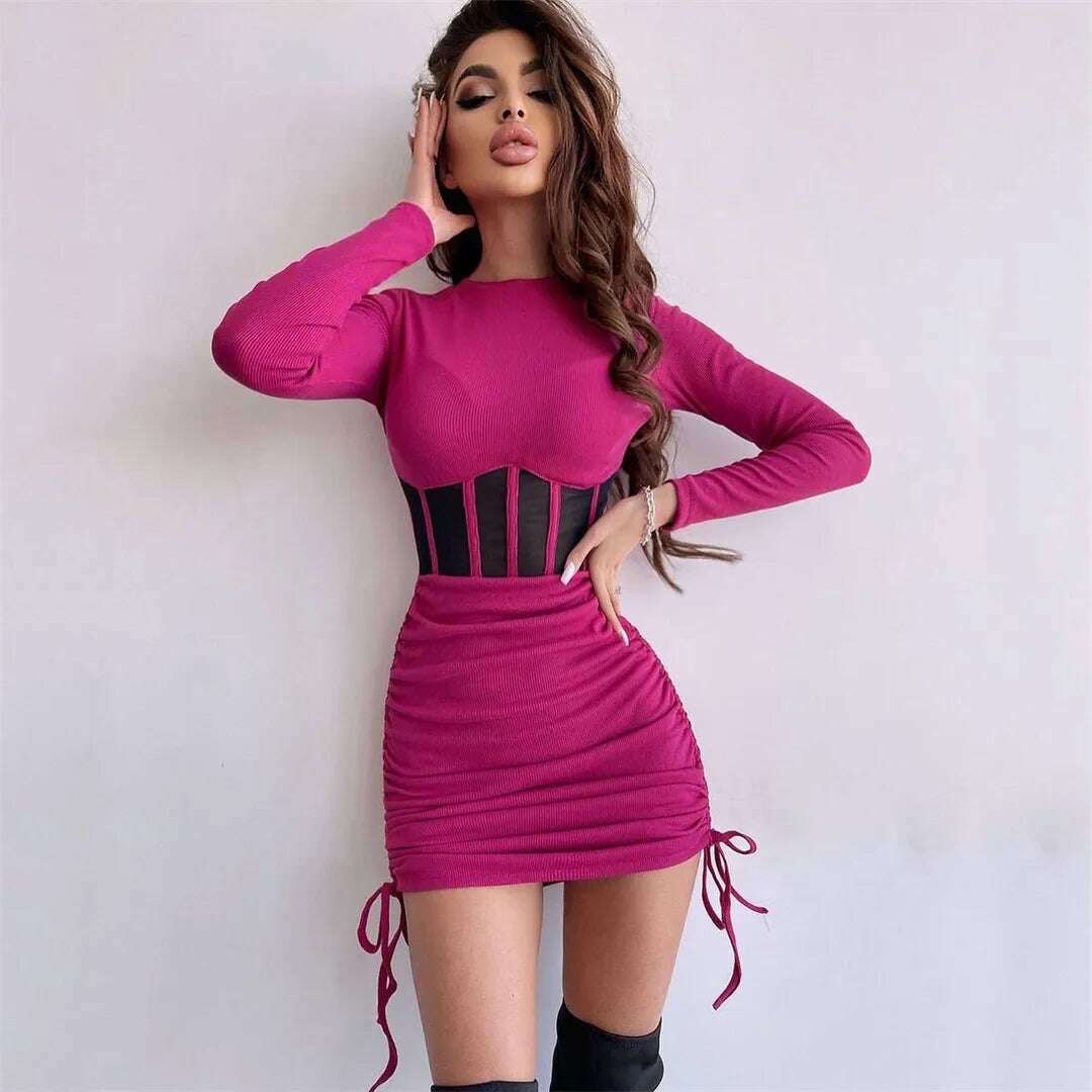 KIMLUD, 2023 Autumn Winter O-neck Hollow Out Tunics Short Party Dress Streetwear Woman Casual Sexy Bodycon Shirring Mesh Corset Dresses, KIMLUD Womens Clothes