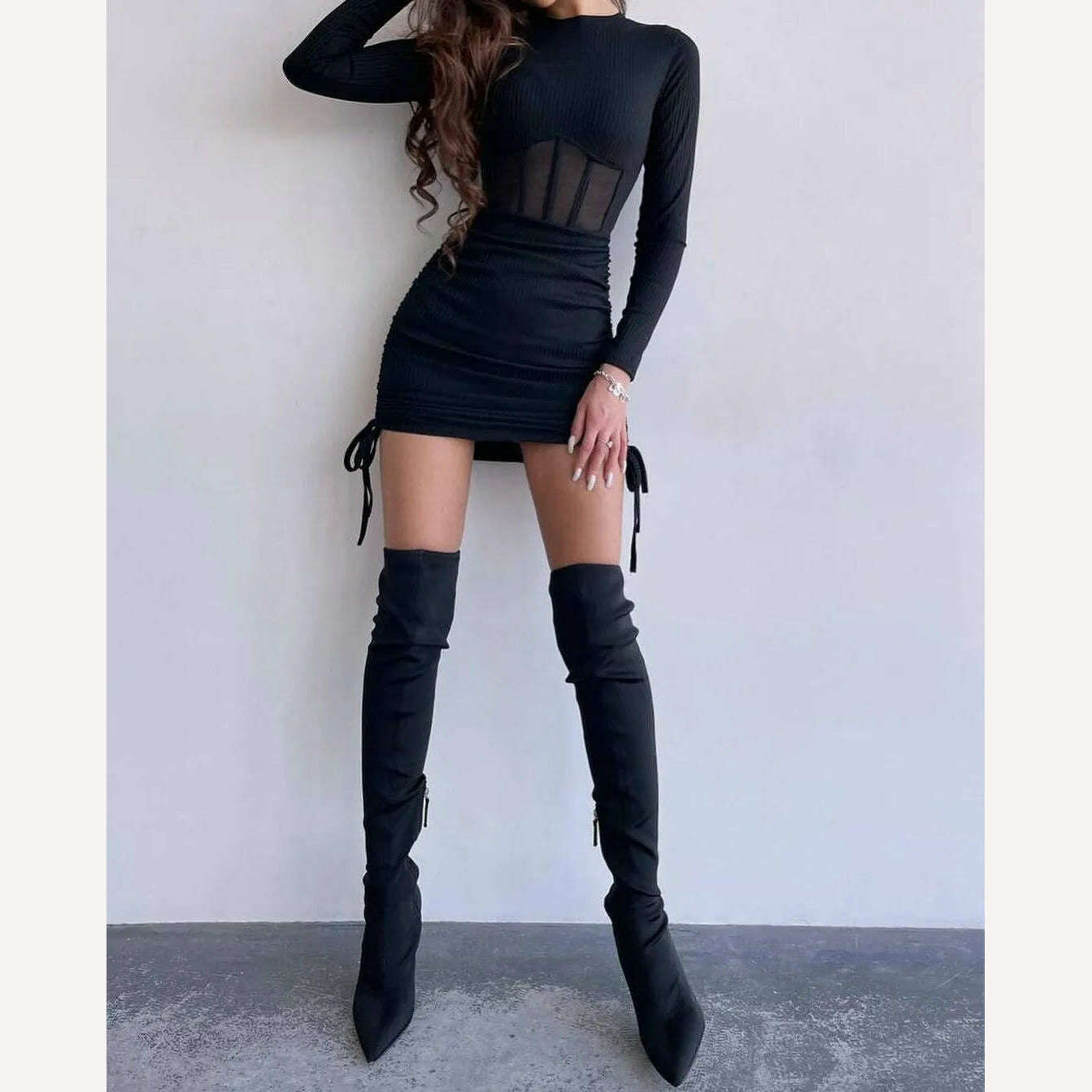KIMLUD, 2023 Autumn Winter O-neck Hollow Out Tunics Short Party Dress Streetwear Woman Casual Sexy Bodycon Shirring Mesh Corset Dresses, KIMLUD Womens Clothes