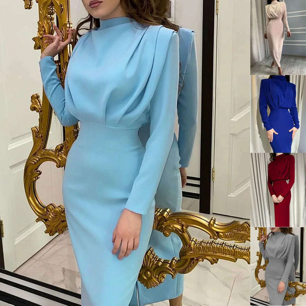 KIMLUD, 2023 Autumn Winter Solid Blue Maxi Dresses For Women Turtleneck Long Sleeve Bandage Hip Slim Office Lady Party Dress Fall Robes, KIMLUD Womens Clothes
