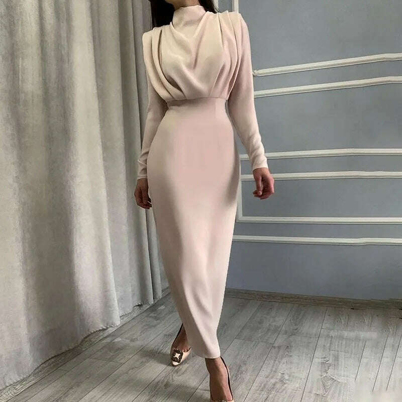 KIMLUD, 2023 Autumn Winter Solid Blue Maxi Dresses For Women Turtleneck Long Sleeve Bandage Hip Slim Office Lady Party Dress Fall Robes, KIMLUD Womens Clothes