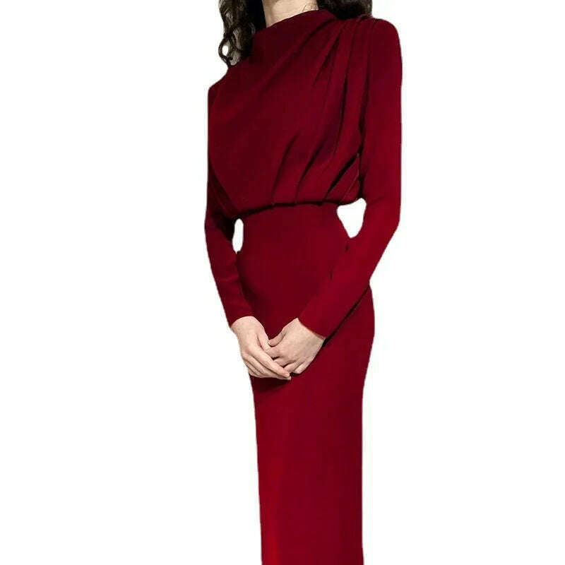 KIMLUD, 2023 Autumn Winter Solid Blue Maxi Dresses For Women Turtleneck Long Sleeve Bandage Hip Slim Office Lady Party Dress Fall Robes, KIMLUD Womens Clothes