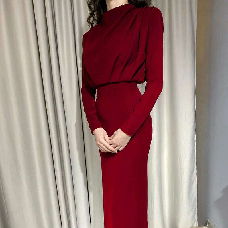 KIMLUD, 2023 Autumn Winter Solid Blue Maxi Dresses For Women Turtleneck Long Sleeve Bandage Hip Slim Office Lady Party Dress Fall Robes, wine red / S, KIMLUD Womens Clothes