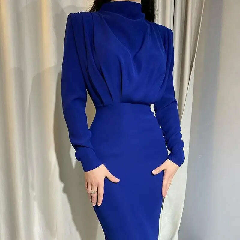KIMLUD, 2023 Autumn Winter Solid Blue Maxi Dresses For Women Turtleneck Long Sleeve Bandage Hip Slim Office Lady Party Dress Fall Robes, dark blue / S, KIMLUD Womens Clothes