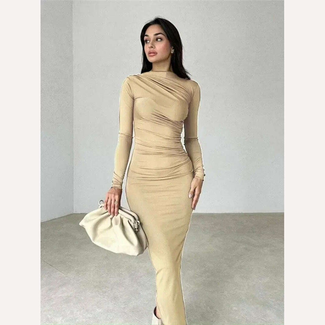 KIMLUD, 2023 Autumn Women's O-neck High Waist Folds Long Dress Streetwear Winter Office Lady Solid Tunics Bodycon Evening Party Dresses, KIMLUD Womens ClothesKIMLUD, 2023 Autumn Women's O-neck High Waist Folds Long Dress Streetwear Winter Office Lady Solid Tunics Bodycon Evening Party Dresses, Khaki / S, KIMLUD APPAREL - Womens Clothes