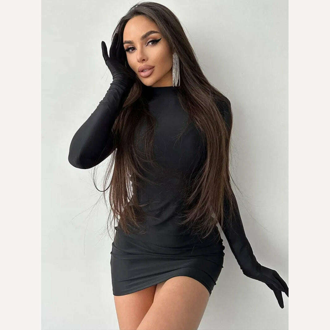 KIMLUD, 2023 Autumn Women's Sexy Solid Color Long Sleeve Gloves Party Dress Fashion Ladies Bodycon Package Hip Night Club Short Dresses, KIMLUD Womens Clothes
