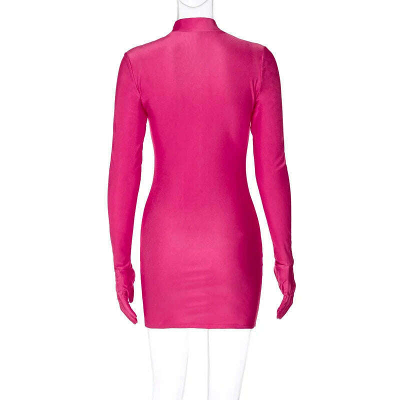 KIMLUD, 2023 Autumn Women's Sexy Solid Color Long Sleeve Gloves Party Dress Fashion Ladies Bodycon Package Hip Night Club Short Dresses, KIMLUD Womens Clothes