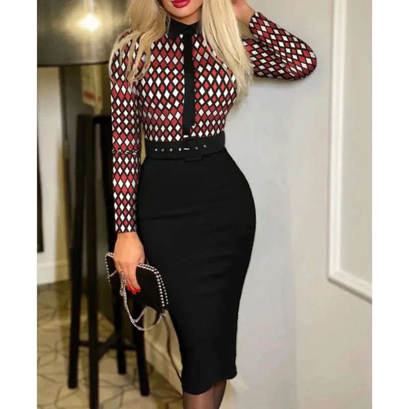 KIMLUD, 2023 Autumn/Winter Style Temperament Slim Fit Fashion Elegant Women's Suit Collar Pullover Mid Waist A-line Printing Belt Dress, KIMLUD Womens Clothes