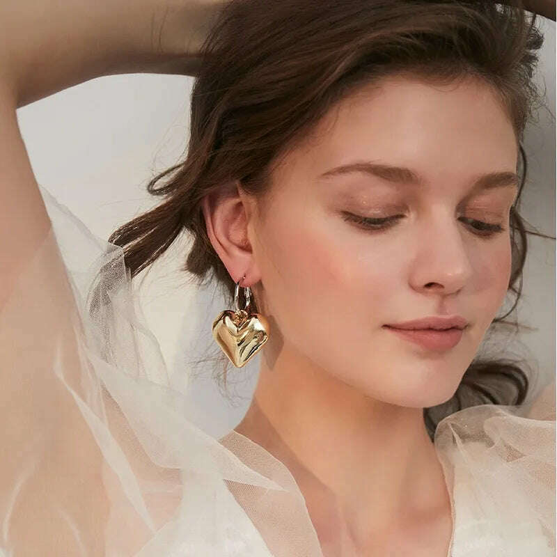 KIMLUD, 2023 Chic Heart Huggie Hoop Earrings Ins Jewelry Asymmetric Hoop Earrings For Women New Gold Color Earrings Jewelry Teen Gift, KIMLUD Womens Clothes
