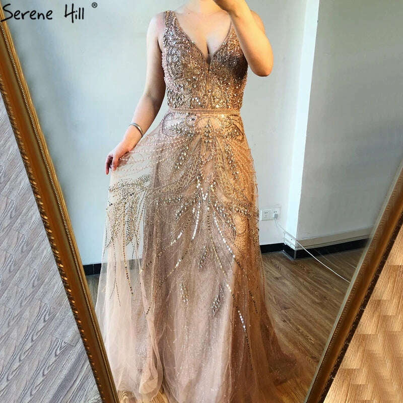 2023 Dubai Rose Gold A-Line Luxury Prom Dresses V-Neck Pearls Crystal Sleeveless Party Wear Serene Hill BLA70287 - KIMLUD