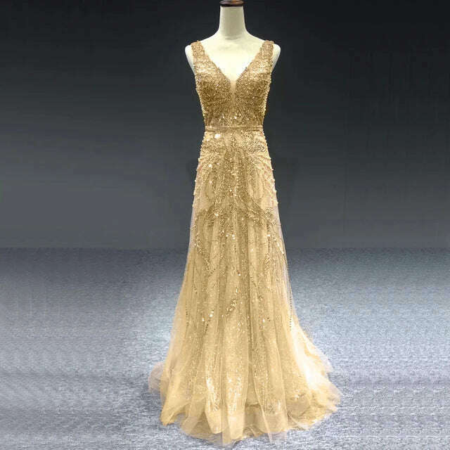 KIMLUD, 2023 Dubai Rose Gold A-Line Luxury Prom Dresses V-Neck Pearls Crystal Sleeveless Party Wear Serene Hill BLA70287, gold / 2, KIMLUD Womens Clothes