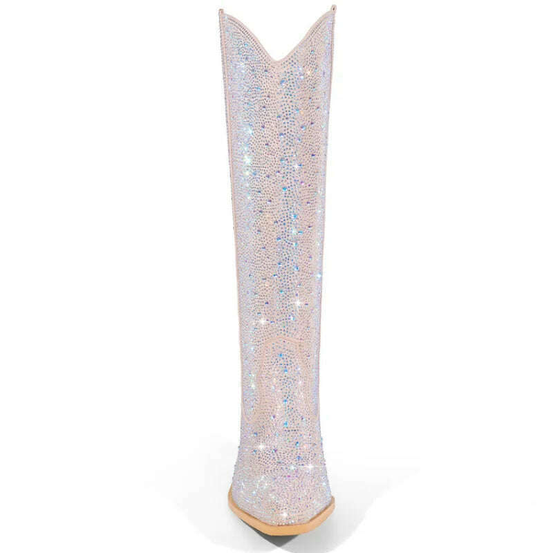 KIMLUD, 2023 Embroidered Rivet Knee Boots 43 Rhinestone Pointy Women Boots Leather Car Stitching Chelsea Boot Fashion Show Shiny Boots, KIMLUD Womens Clothes