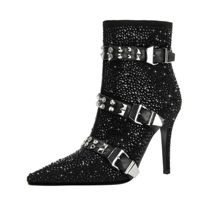 KIMLUD, 2023 European and American Fashion Rhinestone Rivet Belt Buckle Thin High Heel Side Zipper Banquet Show Women's Short Boots, KIMLUD Womens Clothes