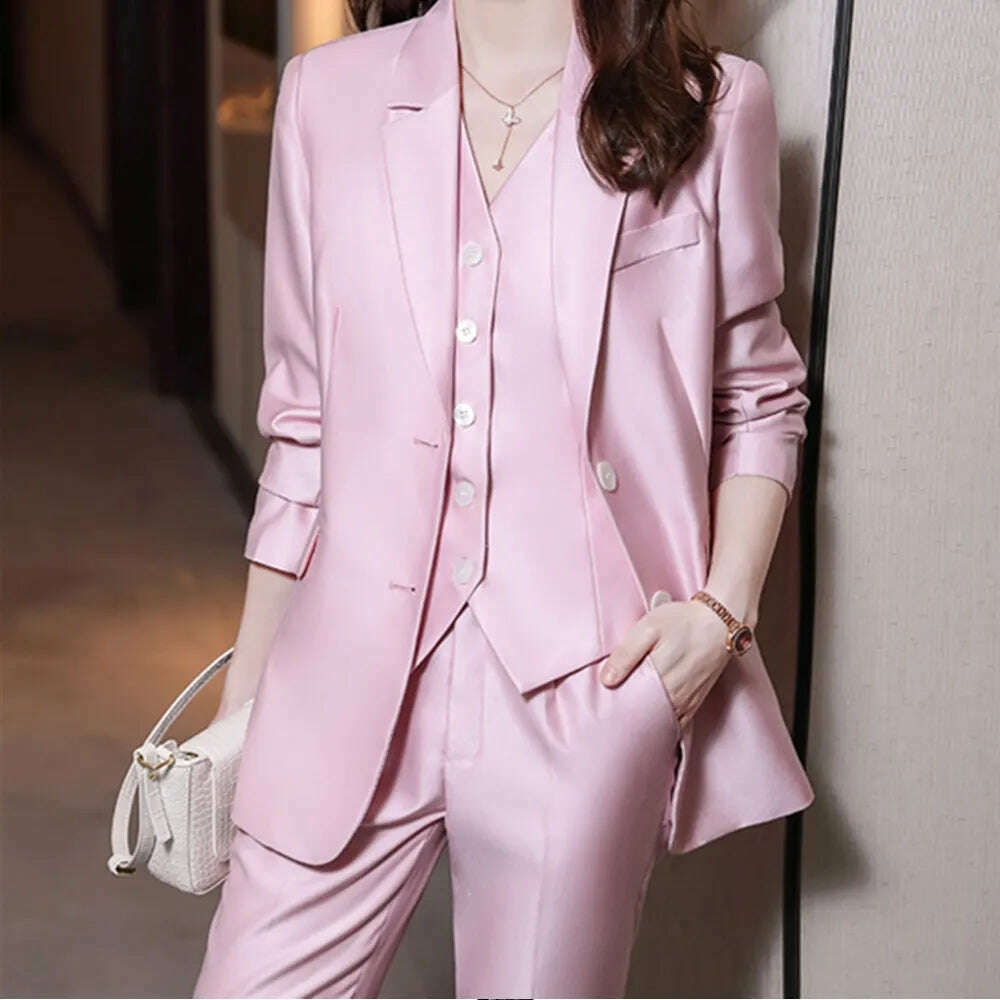 KIMLUD, 2023 Fashion New Ladies Business Solid Color Suits Trousers Waistcoat / Woman's Pink Commuter Blazers Jacket Pants Vest Set, pink / Asian XS is Eur 4XS, KIMLUD Womens Clothes