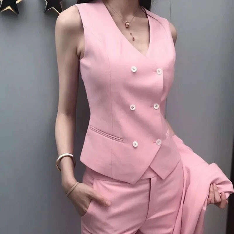 KIMLUD, 2023 Fashion New Ladies Business Solid Color Suits Trousers Waistcoat / Woman's Pink Commuter Blazers Jacket Pants Vest Set, KIMLUD Womens Clothes