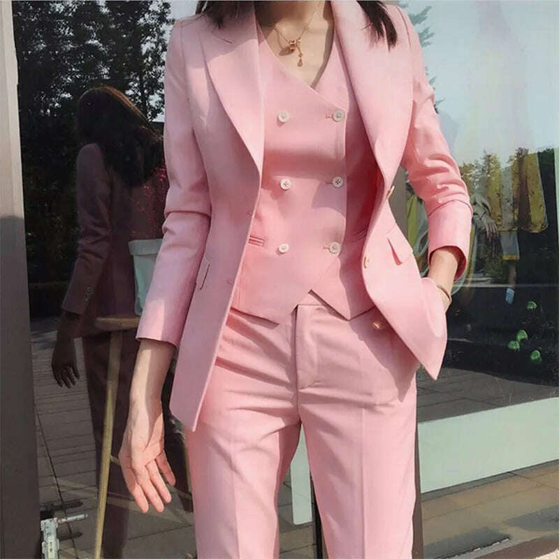 KIMLUD, 2023 Fashion New Ladies Business Solid Color Suits Trousers Waistcoat / Woman's Pink Commuter Blazers Jacket Pants Vest Set, KIMLUD Womens Clothes