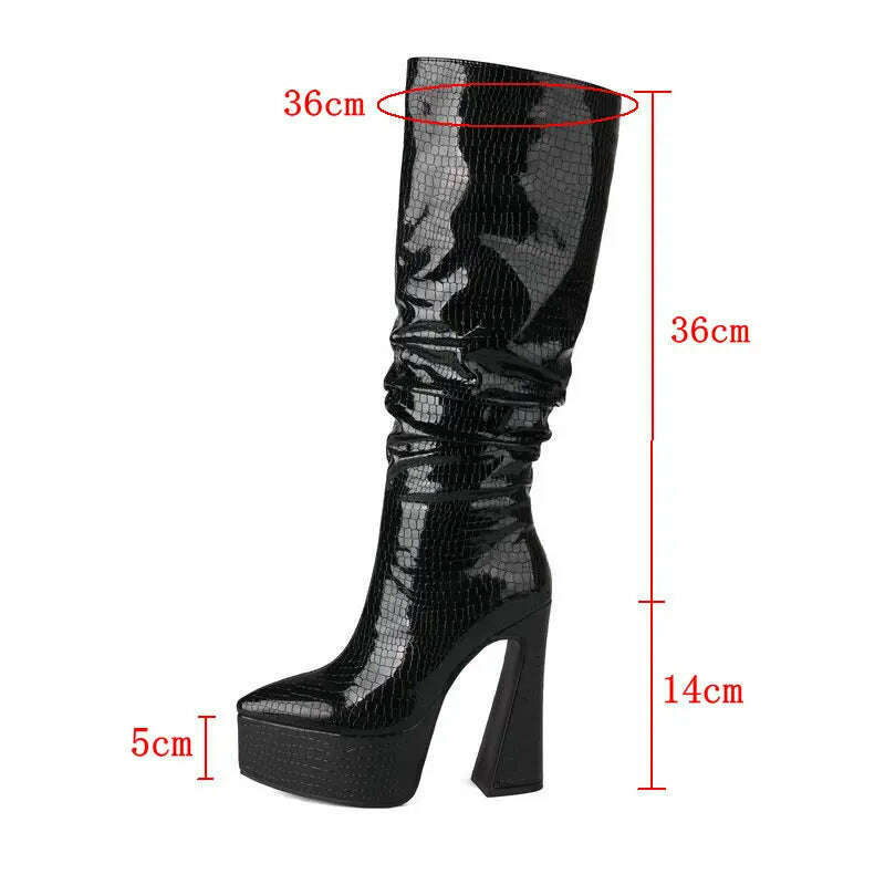KIMLUD, 2023 Fashion Women Knee High Boots Pu Leather Square High Heel Platform Boots Autumn Winter Ladies Shoes Gold Silver Black White, KIMLUD Womens Clothes