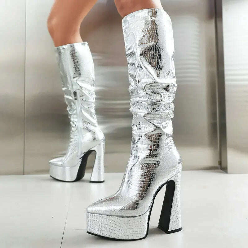 KIMLUD, 2023 Fashion Women Knee High Boots Pu Leather Square High Heel Platform Boots Autumn Winter Ladies Shoes Gold Silver Black White, KIMLUD Womens Clothes