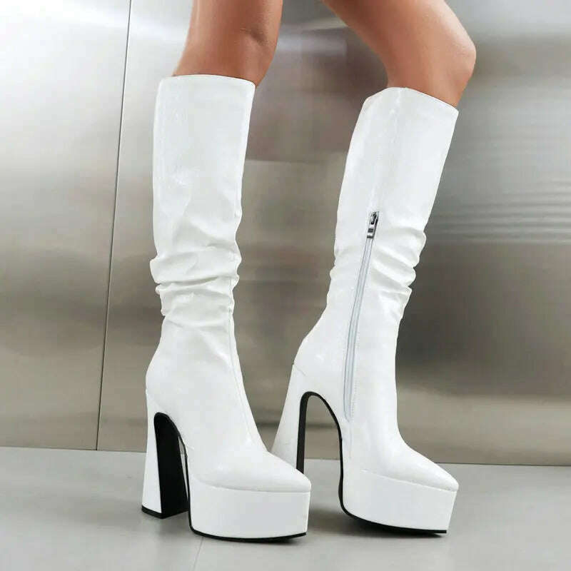 KIMLUD, 2023 Fashion Women Knee High Boots Pu Leather Square High Heel Platform Boots Autumn Winter Ladies Shoes Gold Silver Black White, KIMLUD Womens Clothes