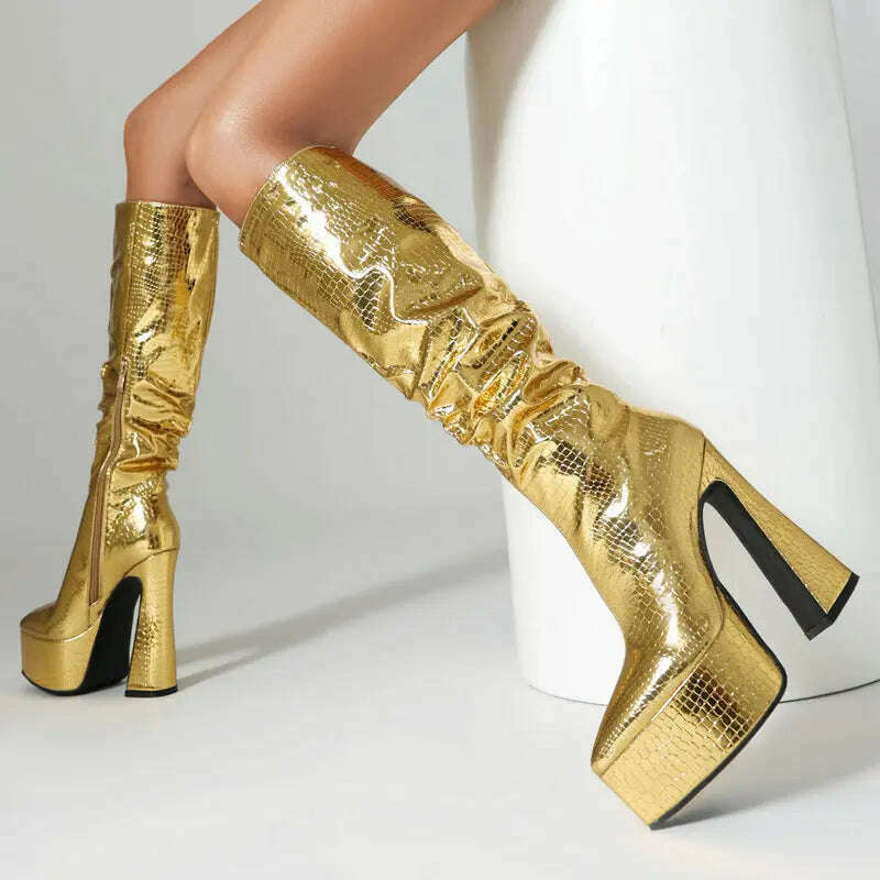 KIMLUD, 2023 Fashion Women Knee High Boots Pu Leather Square High Heel Platform Boots Autumn Winter Ladies Shoes Gold Silver Black White, Gold No Plush / 5, KIMLUD Womens Clothes