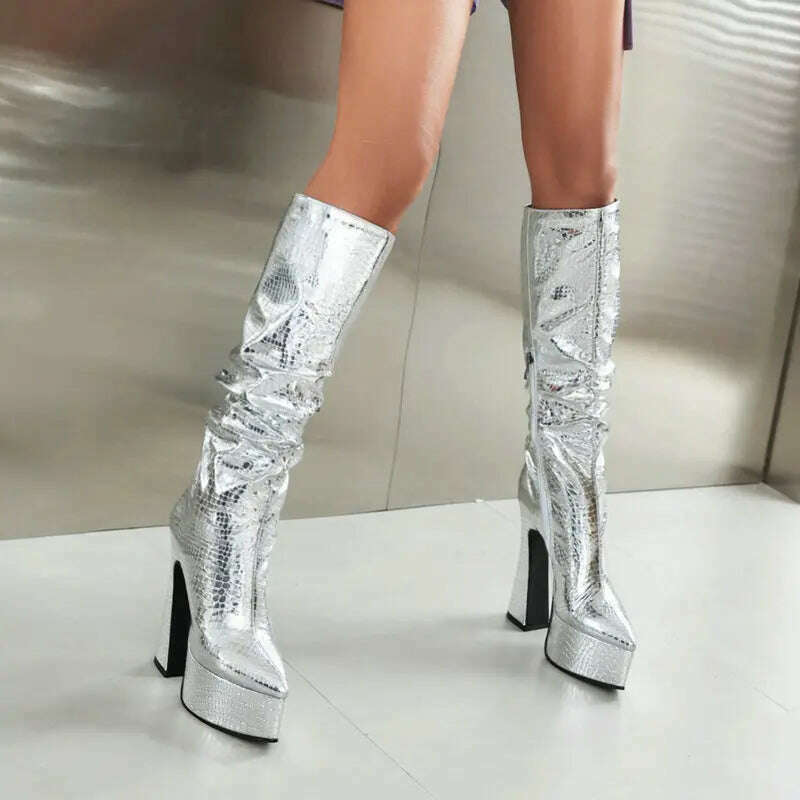 KIMLUD, 2023 Fashion Women Knee High Boots Pu Leather Square High Heel Platform Boots Autumn Winter Ladies Shoes Gold Silver Black White, Silver Plush / 5, KIMLUD Womens Clothes